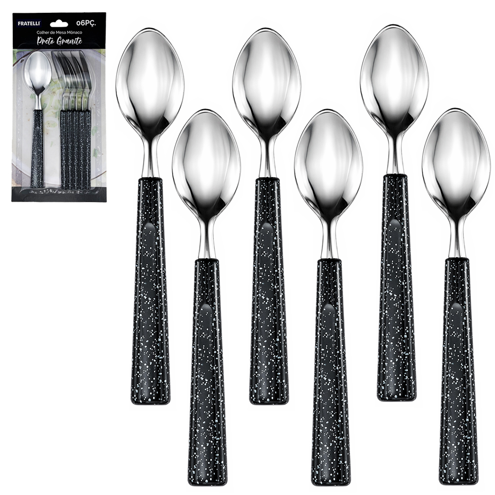 COLHER DE MESA DE INOX CABO PLASTICO MONACO PRETO GRANITE COM 6 PECAS 19CM
