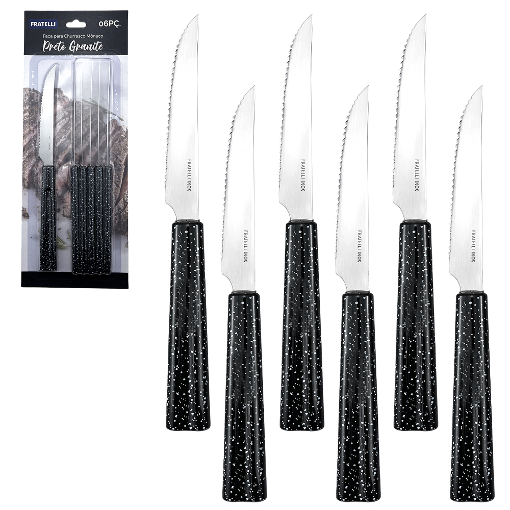 FACA DE MESA DE INOX CABO PLASTICO MONACO PRETO GRANITE COM 6 PECAS 21,5CM