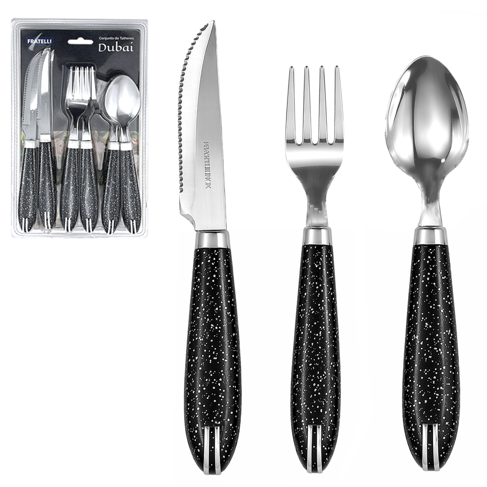 CONJUNTO DE TALHERES / FAQUEIRO DE INOX COM 12 PECAS CABO PLASTICO DUBAI GRANITE