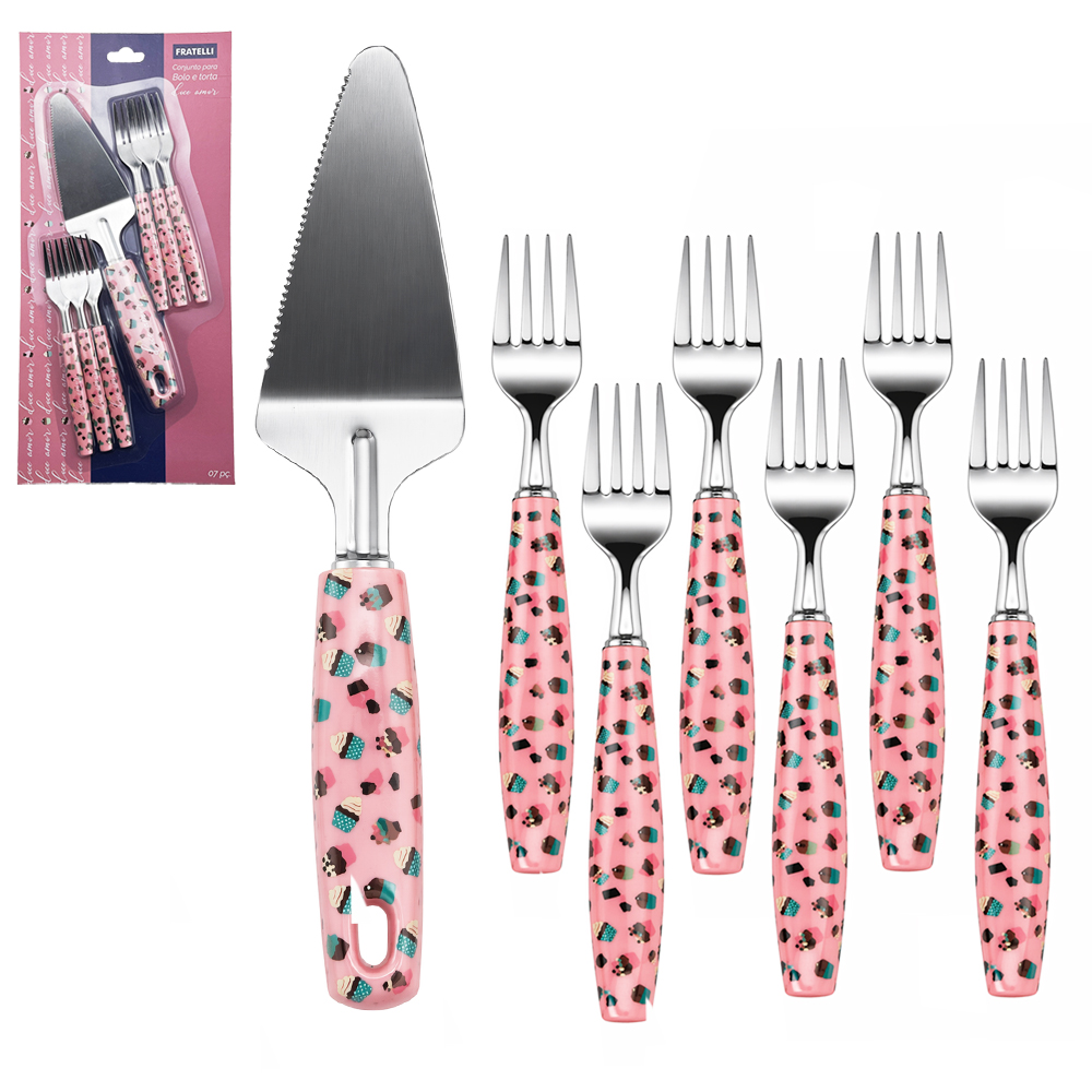 CONJUNTO PARA BOLO E TORTA COM 6 GARFO + ESPATULA DE INOX CABO PLASTICO DOCE AMOR
