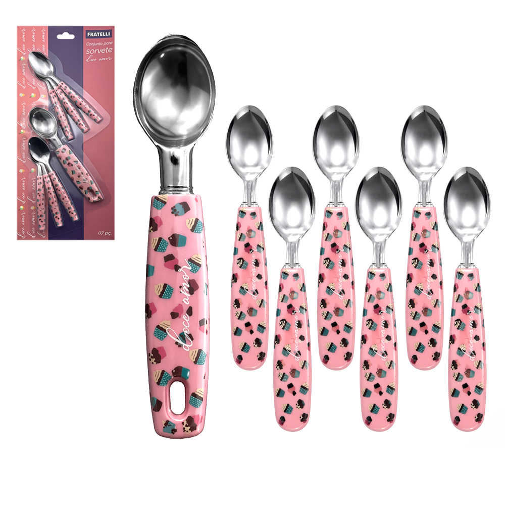 CONJUNTO PARA SORVETE COM 6 COLHER + CONCHA DE INOX CABO PLASTICO DOCE AMOR