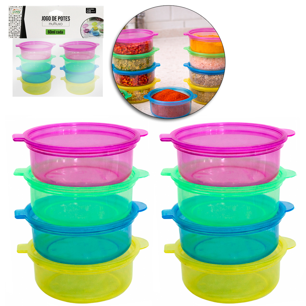 CONJUNTO DE MINI POTE DE PLASTICO REDONDO COM TAMPA COLORS 8 PECAS 60ML 2,5X6CM DE Ø
