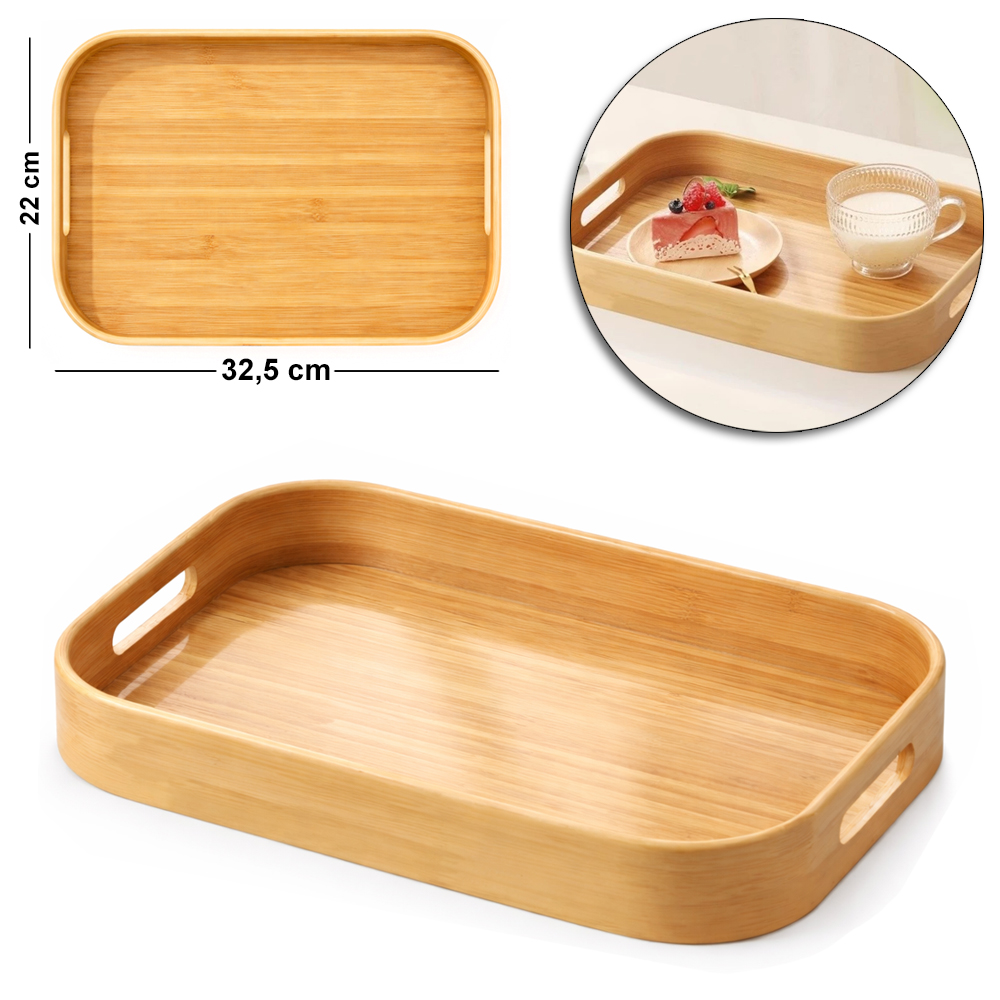 BANDEJA DE BAMBU E MDF RETANGULAR DECORATIVA COM ALCA 32,5X22X3,5CM