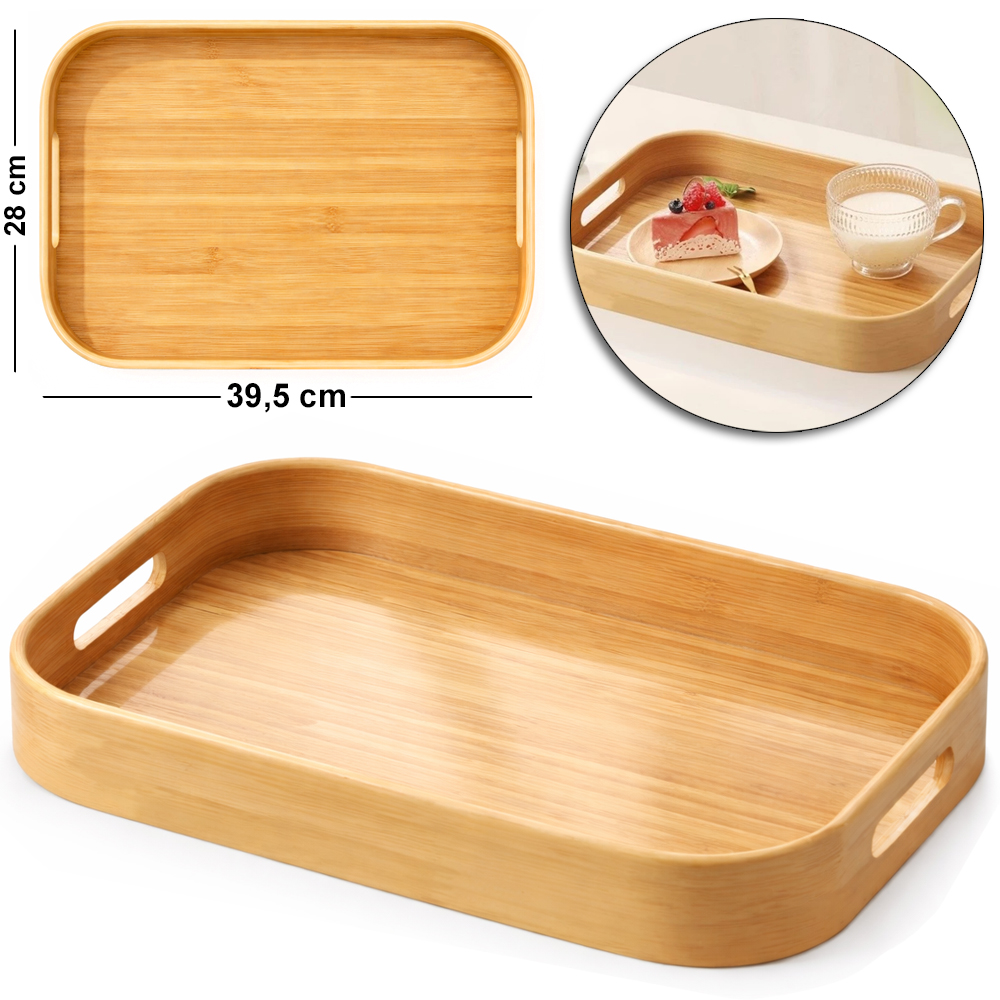 BANDEJA DE BAMBU E MDF RETANGULAR DECORATIVA COM ALCA 39,5X28X5CM