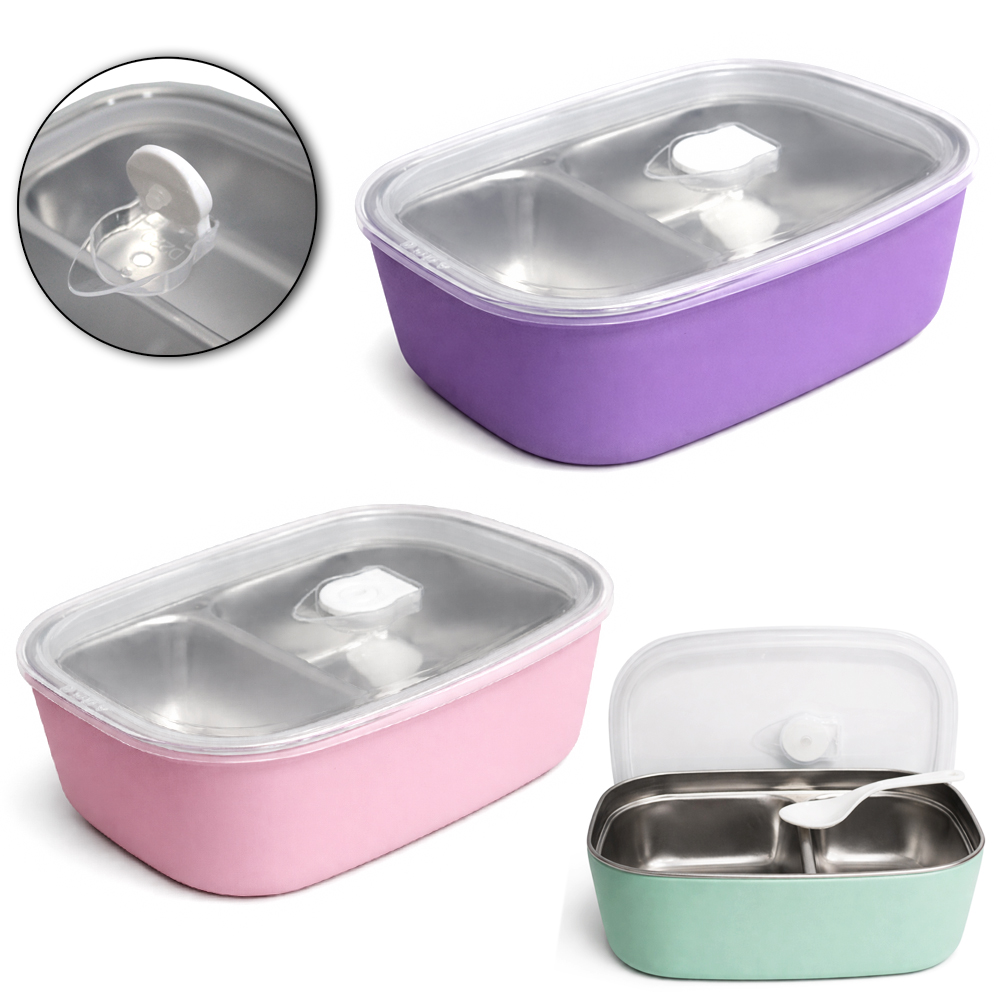 MARMITA DE INOX / PLASTICO RETANGULAR COM 2 DIVISORIAS + COLHER 760ML