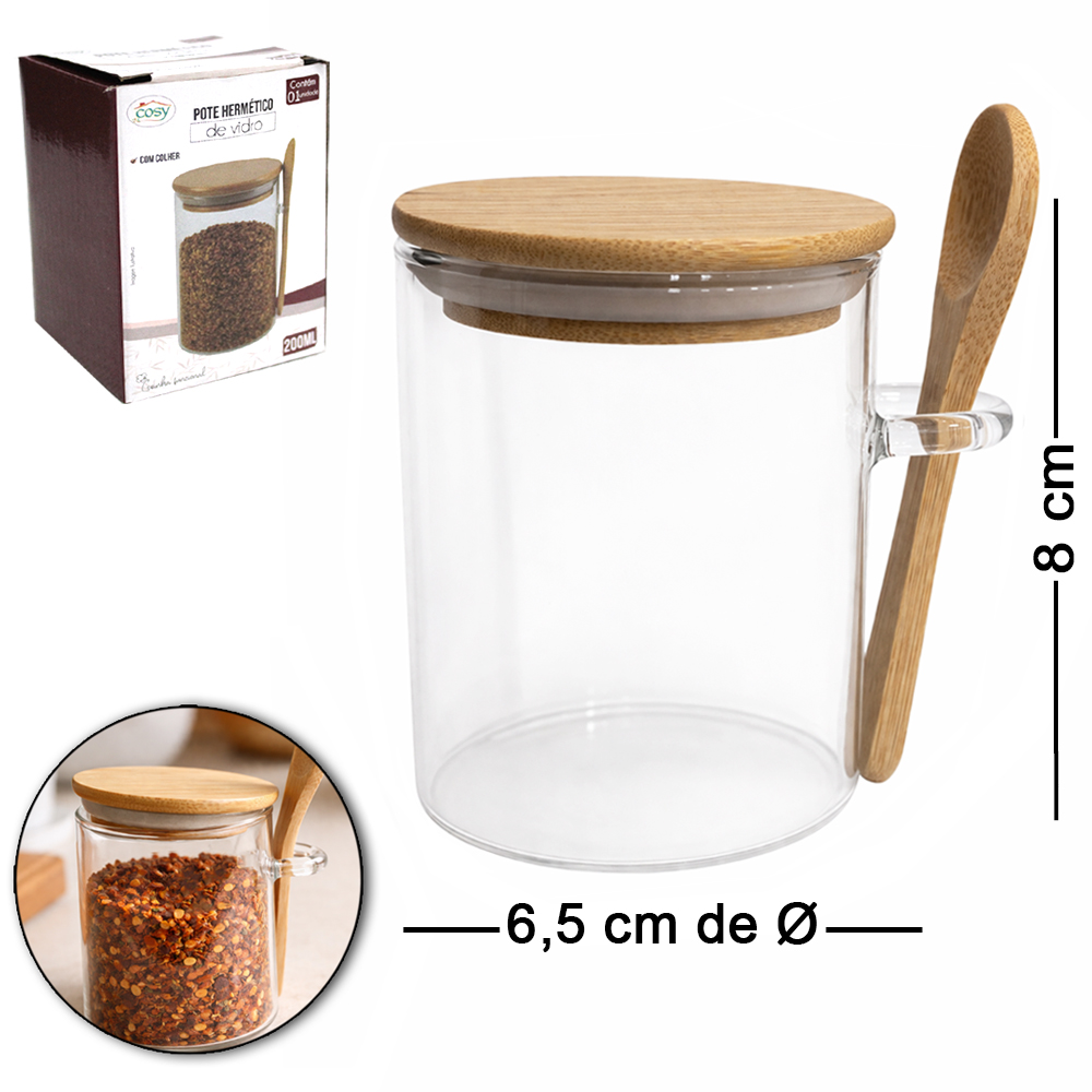 POTE DE VIDRO BOROSSILICATO LISO REDONDO COM ALCA + COLHER E TAMPA HERMETICA MADEIRA / BAMBU 200ML
