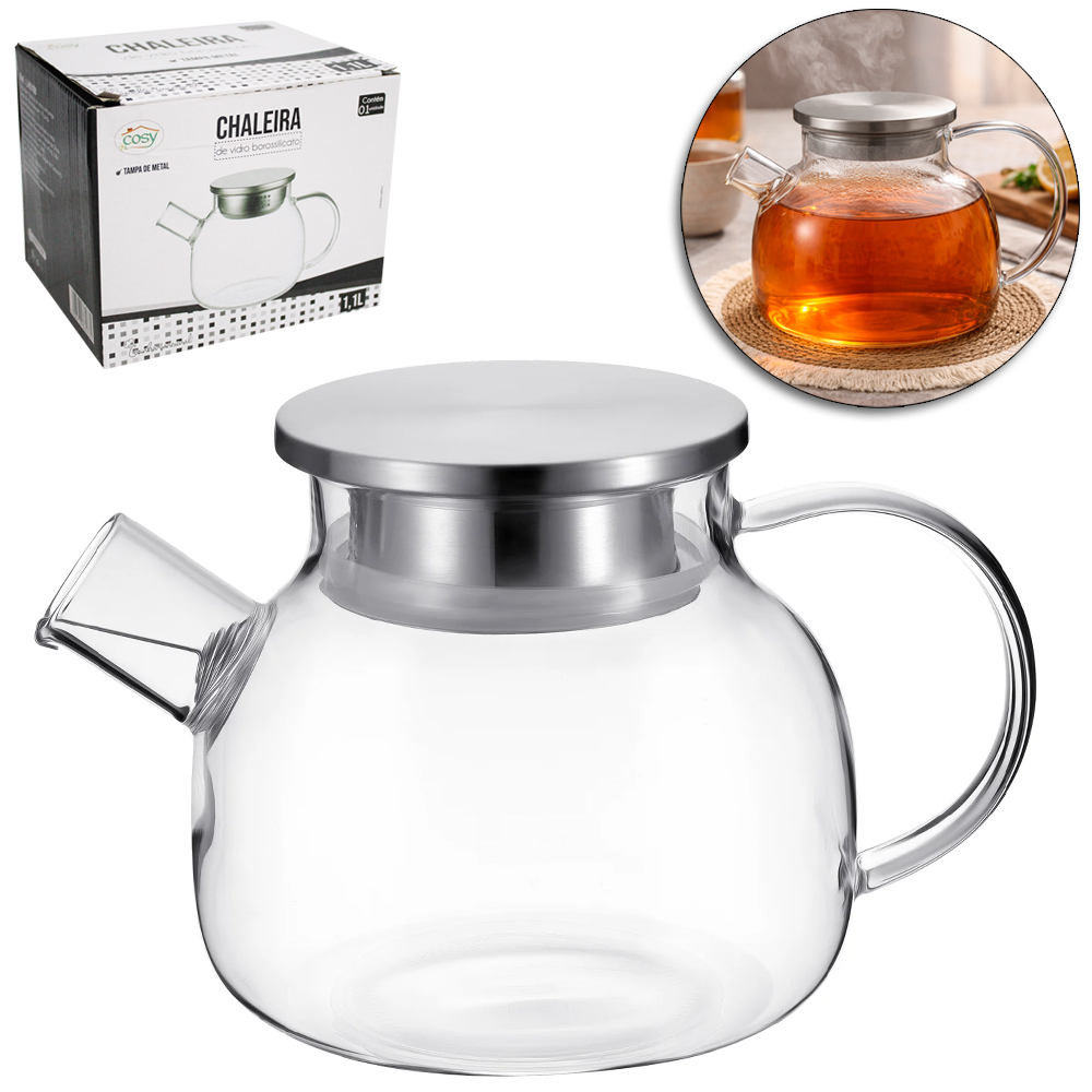 CHALEIRA VIDRO BOROSSILICATO COM COADOR INOX NO BICO + TAMPA DE INOX 1,1L