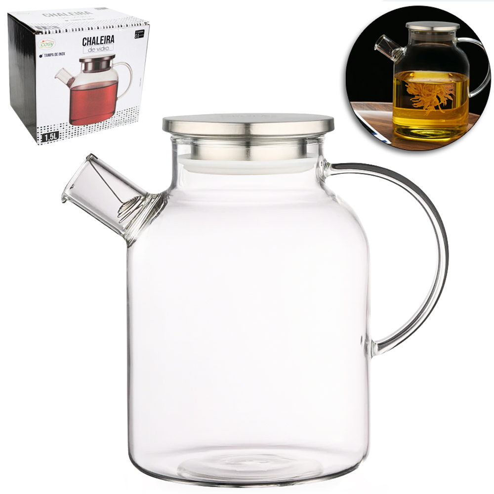 CHALEIRA VIDRO BOROSSILICATO COM COADOR INOX NO BICO + TAMPA DE INOX 1,5L