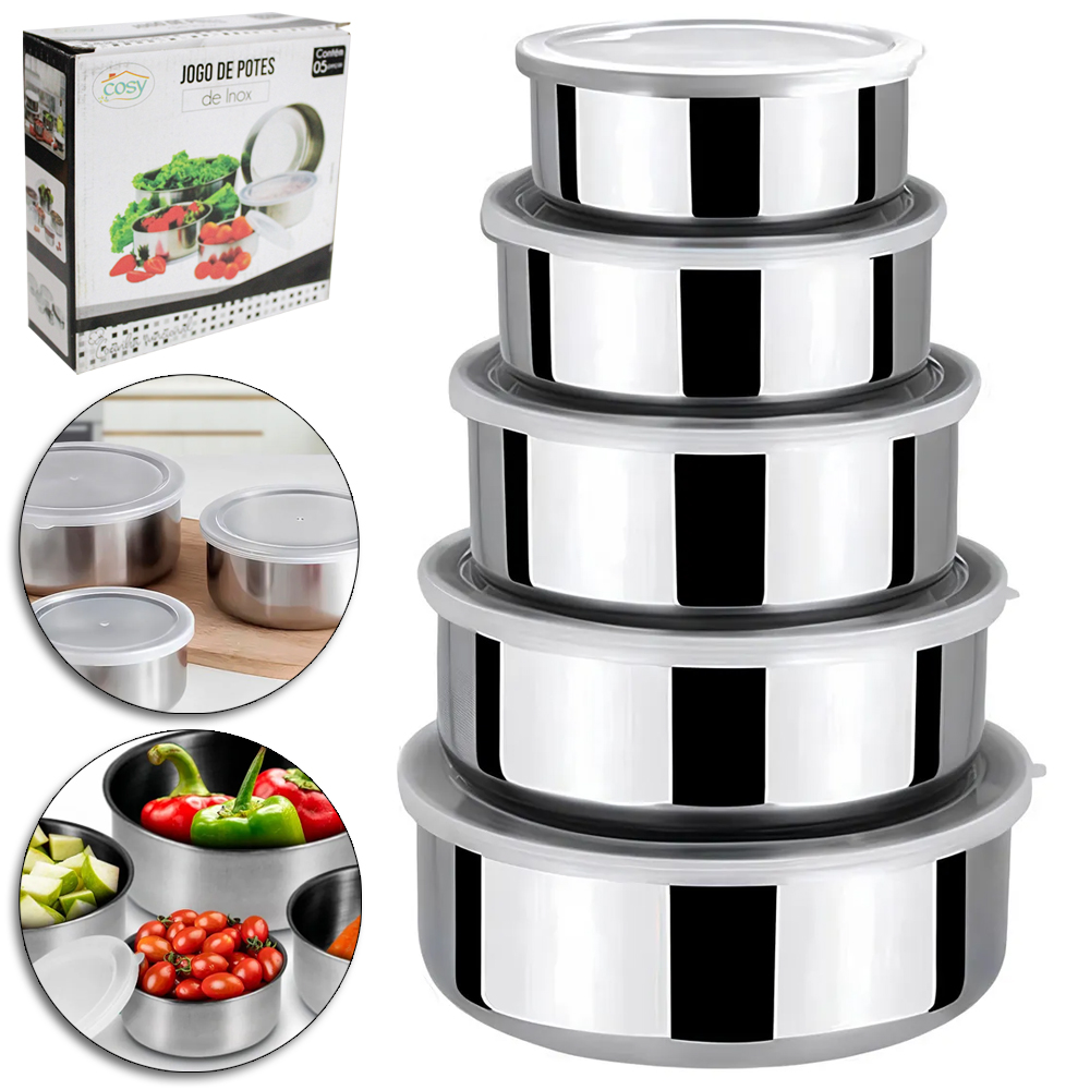 CONJUNTO DE POTE REDONDO DE INOX COM TAMPA DE PLASTICO 5 PECAS 210 / 400 / 650 / 850 / 1200ML NA CAIXA