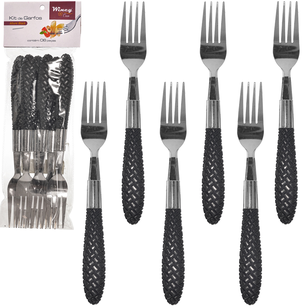 GARFO DE MESA DE INOX CABO PLASTICO ALLURE BLACK COM 6 PECAS 20CM 