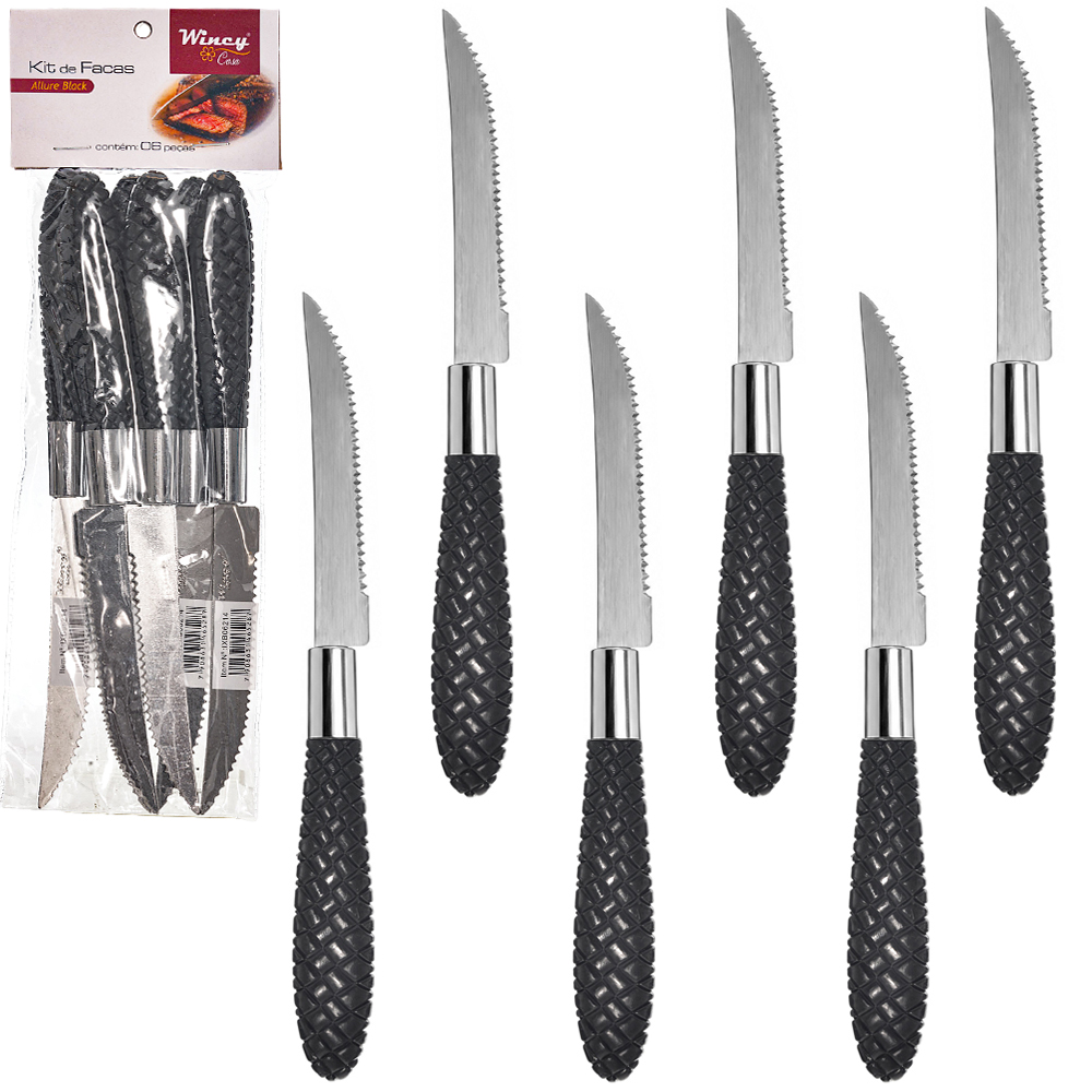 FACA DE MESA DE INOX CABO PLASTICO ALLURE BLACK COM 6 PECAS 22CM