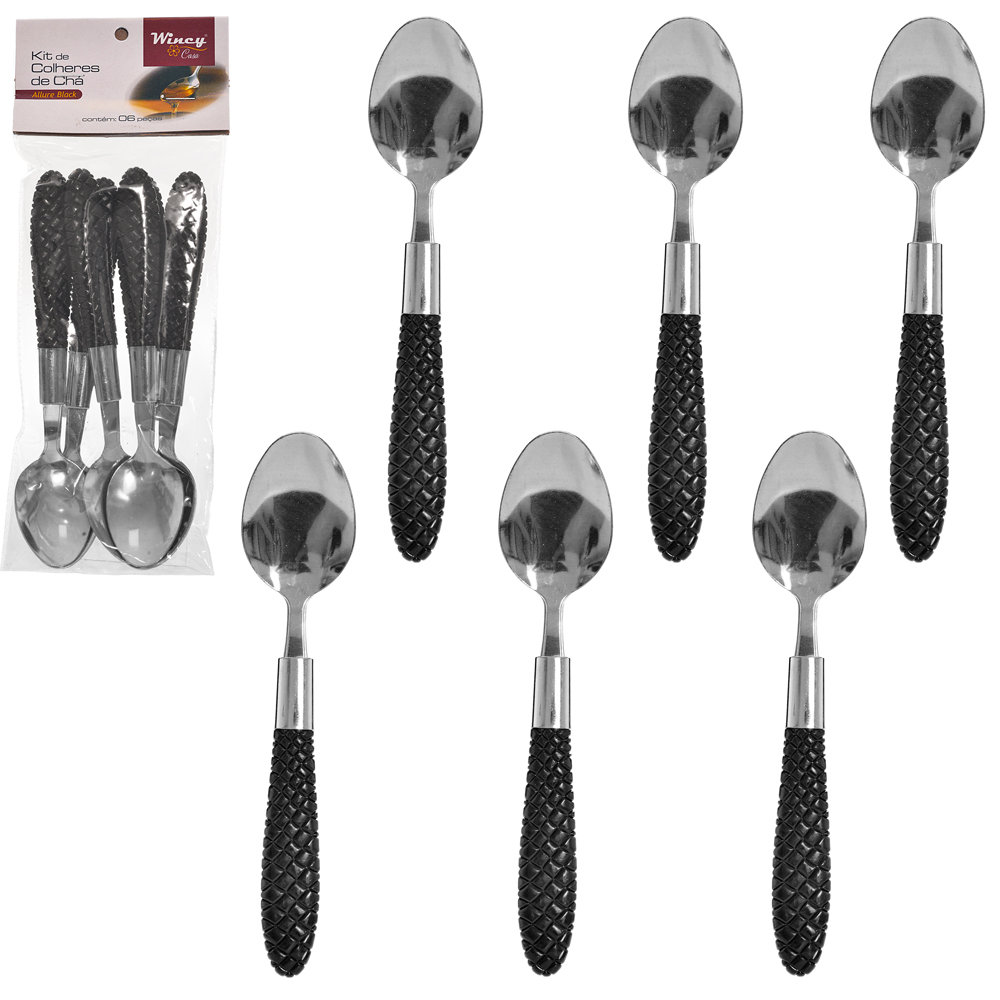  COLHER DE CHA DE INOX CABO PLASTICO ALLURE BLACK COM 6 PECAS 16,5CM 