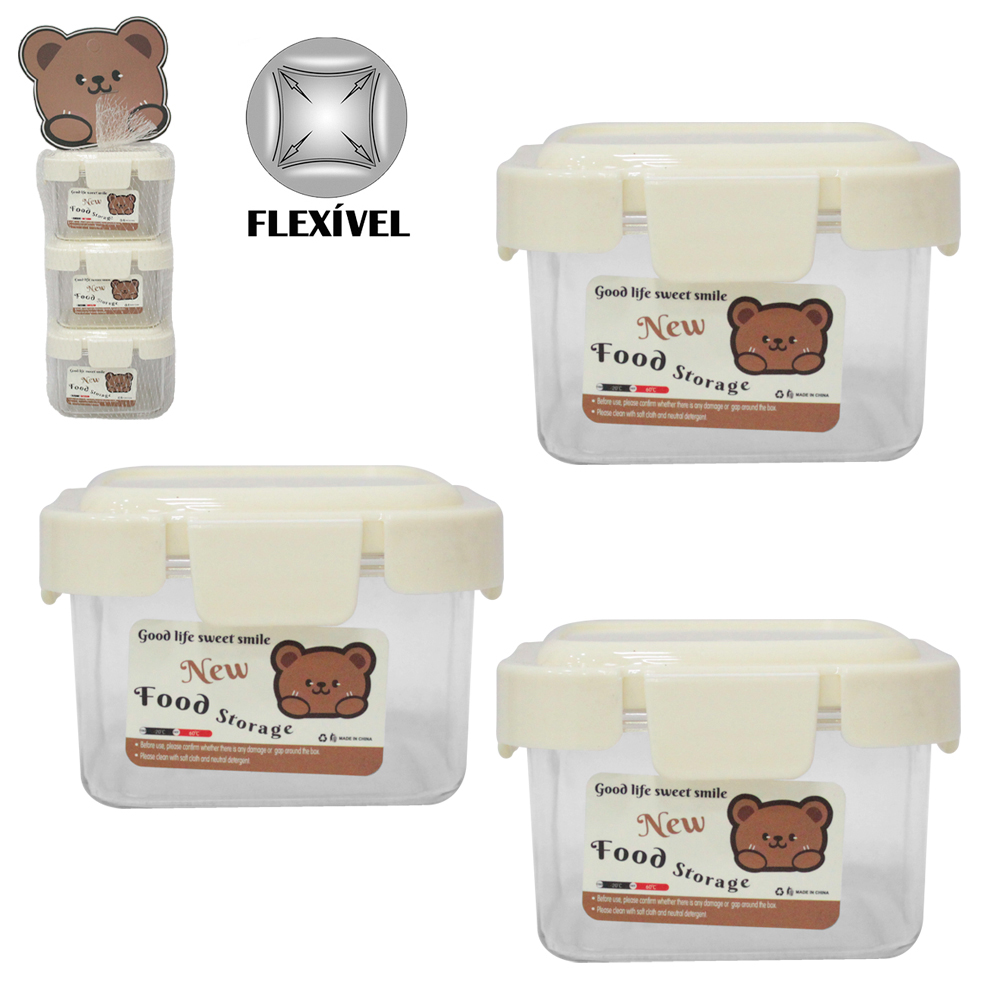 CONJUNTO DE POTE DE PLASTICO PET FLEXIVEL QUADRADO COM TAMPA HERMETICA E TRAVA 3 PECAS 160ML