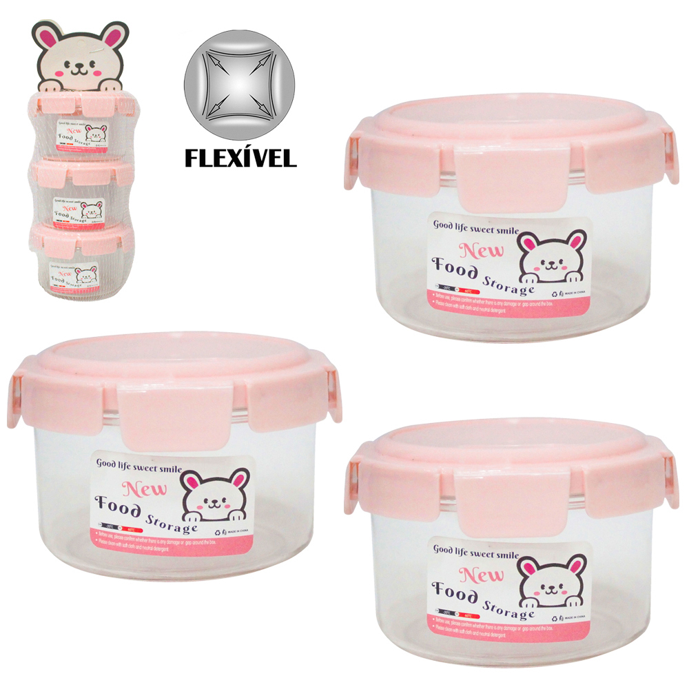 CONJUNTO DE POTE DE PLASTICO PET FLEXIVEL REDONDO COM TAMPA HERMETICA E TRAVA 3 PECAS 160ML