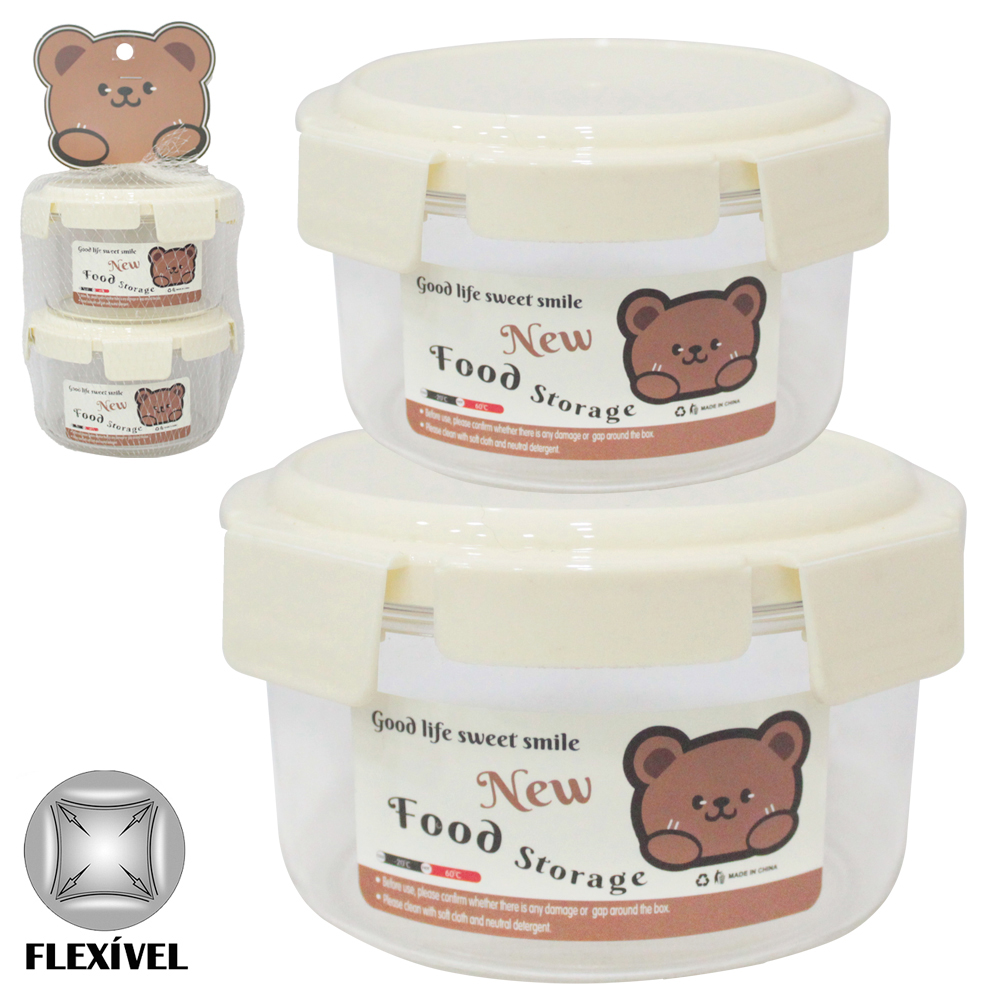 CONJUNTO DE POTE DE PLASTICO PET FLEXIVEL REDONDO COM TAMPA HERMETICA E TRAVA 2 PECAS 360ML