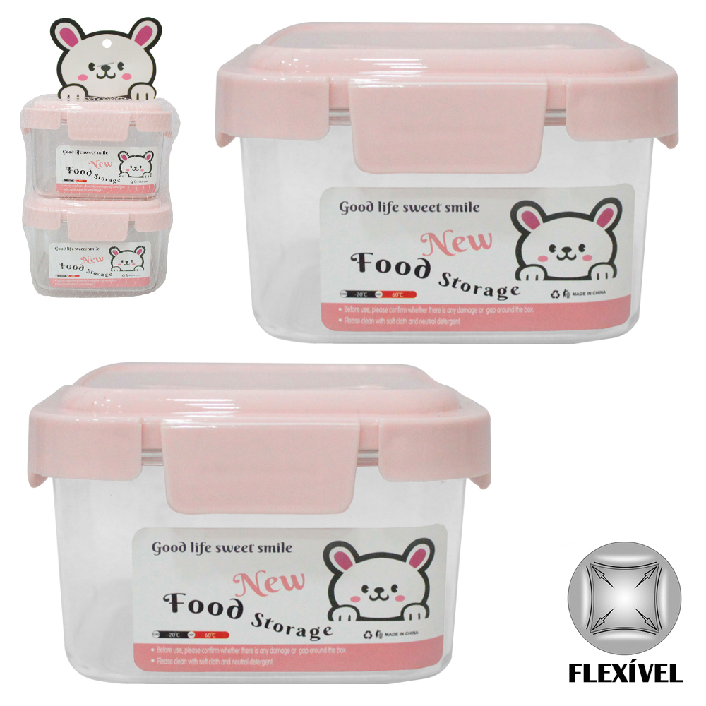 CONJUNTO DE POTE DE PLASTICO PET FLEXIVEL QUADRADO COM TAMPA HERMETICA E TRAVA 2 PECAS 380ML