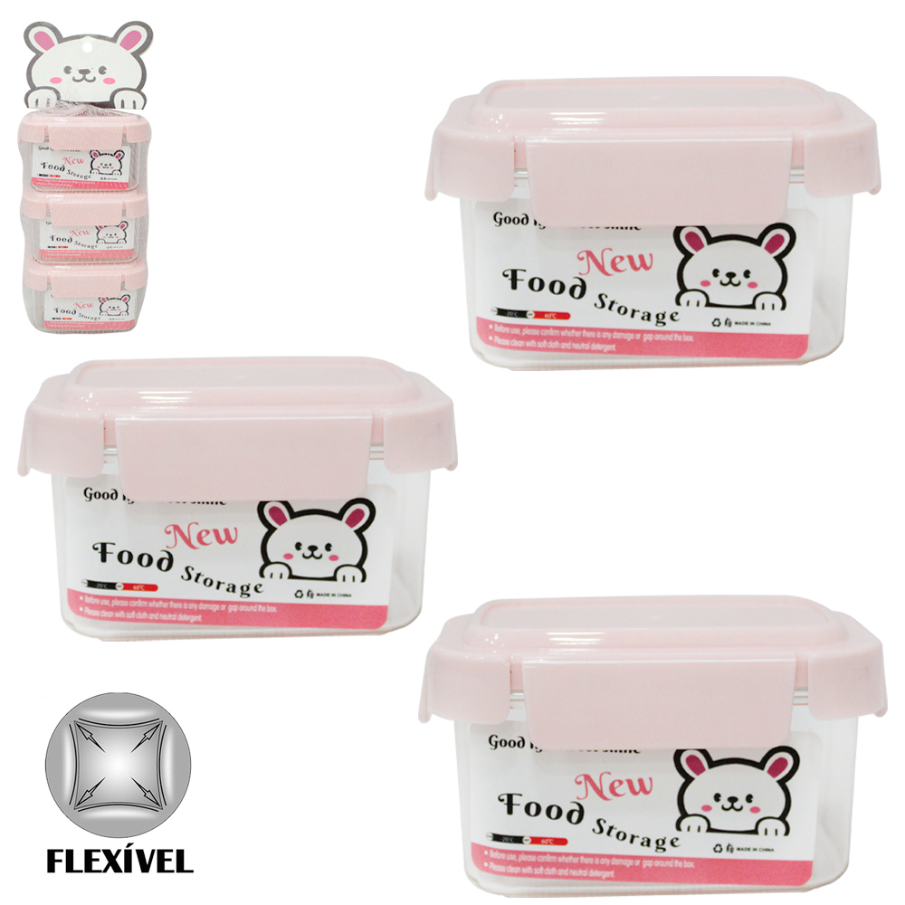 CONJUNTO DE POTE DE PLASTICO PET FLEXIVEL RETANGULAR COM TAMPA HERMETICA E TRAVA 3 PECAS 150ML
