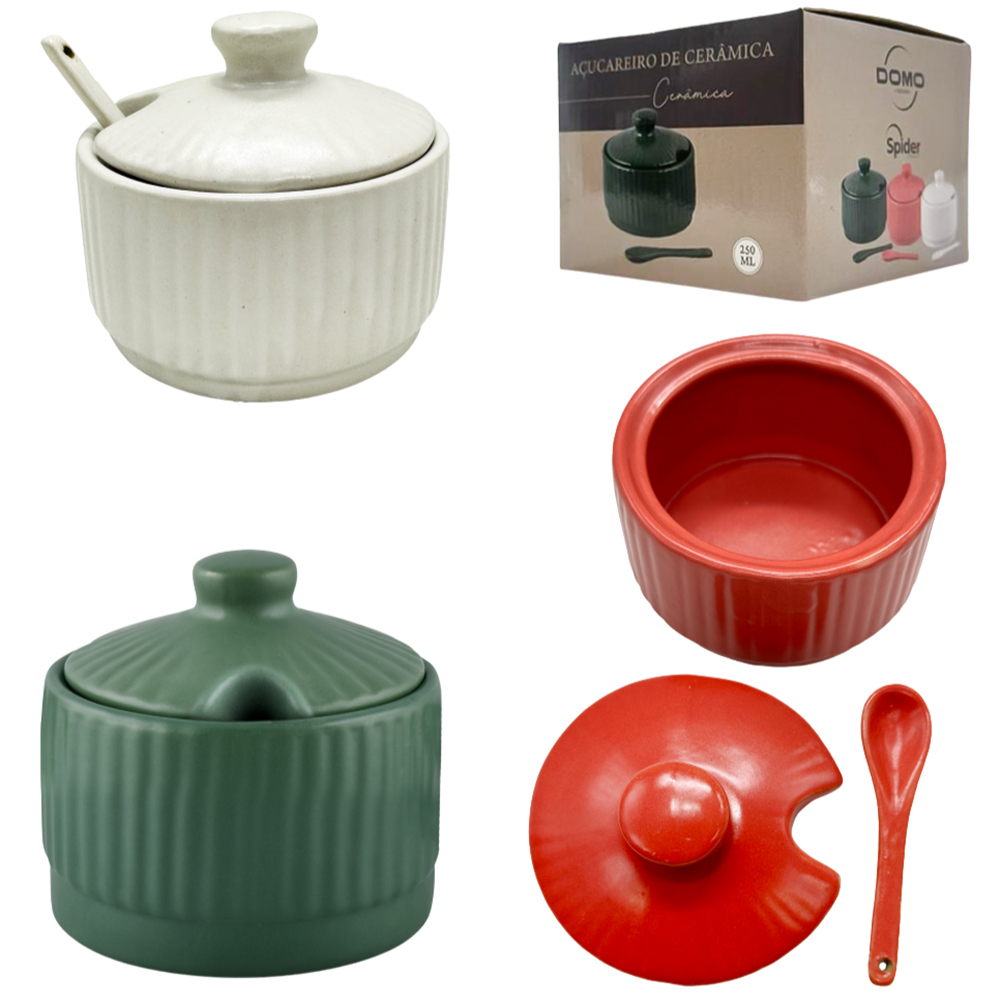 ACUCAREIRO / PORTA CONDIMENTO DE PORCELANA COM COLHER + TAMPA 250ML