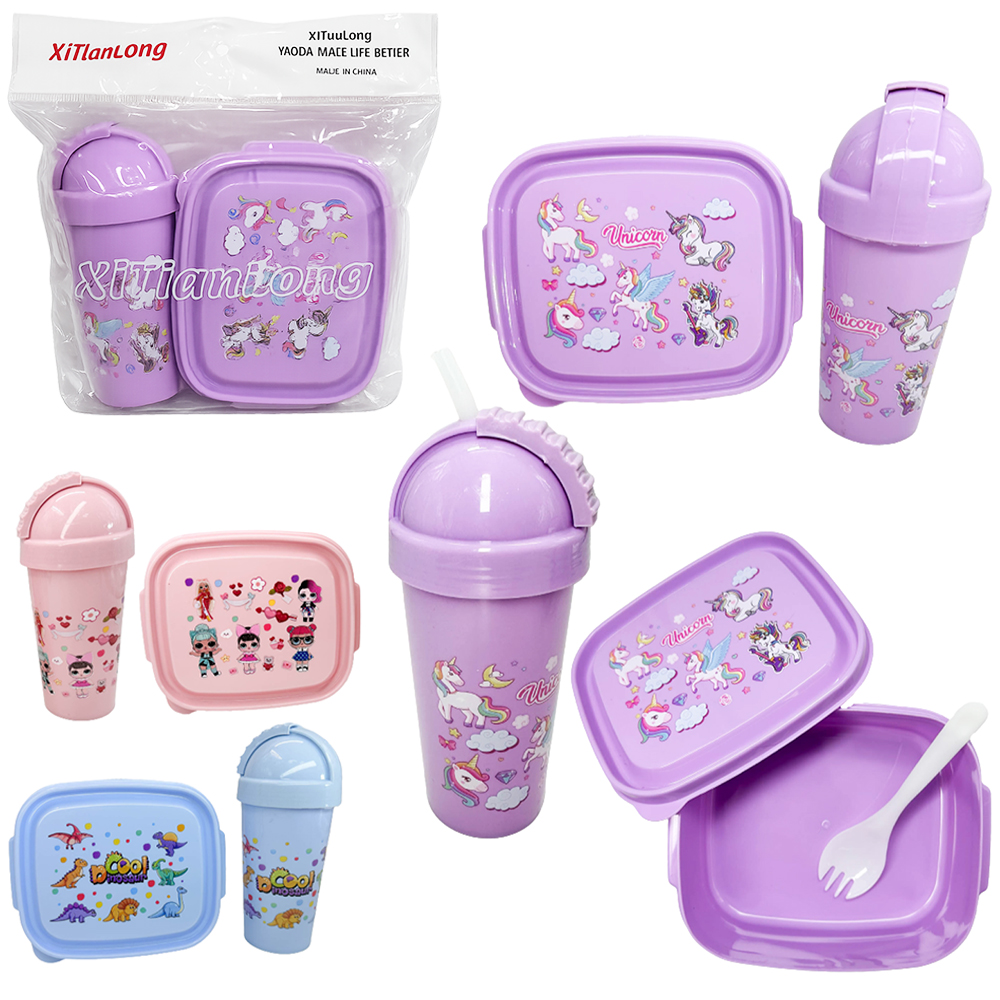 KIT ALIMENTACAO / PAPINHA VIAGEM MARMITA DE PLASTICO RETANGULAR COM TAMPA + COLHER GARFO E GARRAFA SQUEEZE 300ML