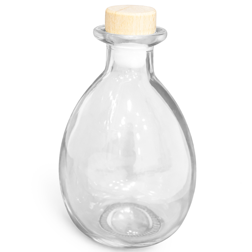 GARRAFA DECORATIVA DE VIDRO COM TAMPA DE MADEIRA 370ML