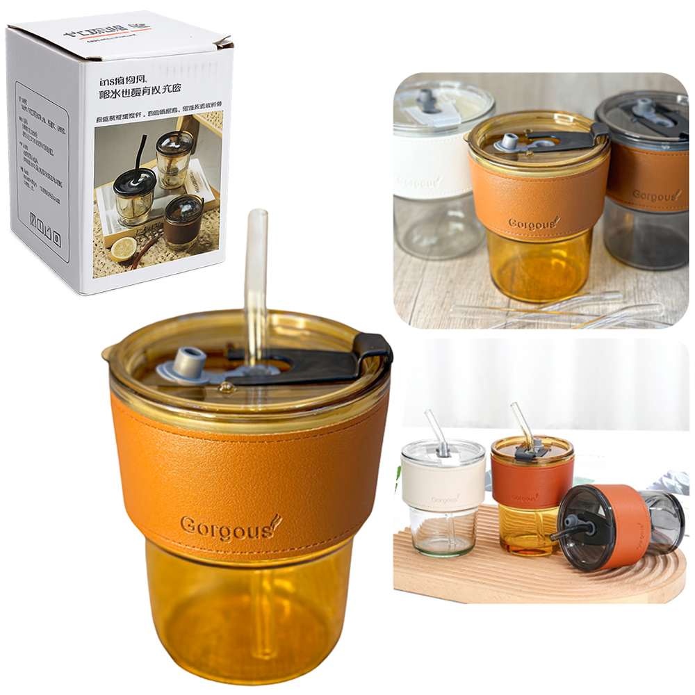 COPO DE VIDRO COM CANUDO + TAMPA DE PLASTICO E CINTURAO DE COURO SINTETICO 400ML