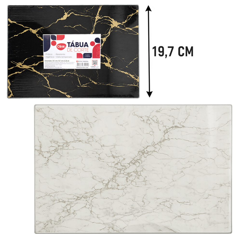TABUA DE CORTE DE VIDRO MULTIUSO RETANGULAR MARMORE PRETO / BRANCO 29,7X19,7CM