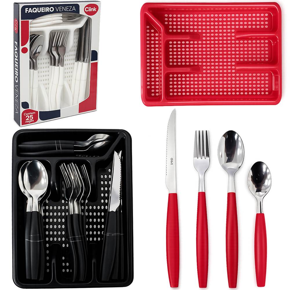 CONJUNTO DE TALHERES / FAQUEIRO DE INOX COM 24 PECAS CABO PLASTICO + PORTA TALHER VENEZA BRANCO / VERMELHO / PRETO