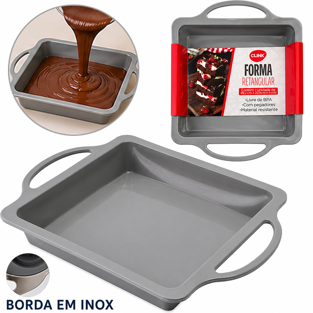 FORMA DE SILICONE QUADRADA PARA BOLO / TORTA COM BORDA DE INOX 29,2X22,8X4CM