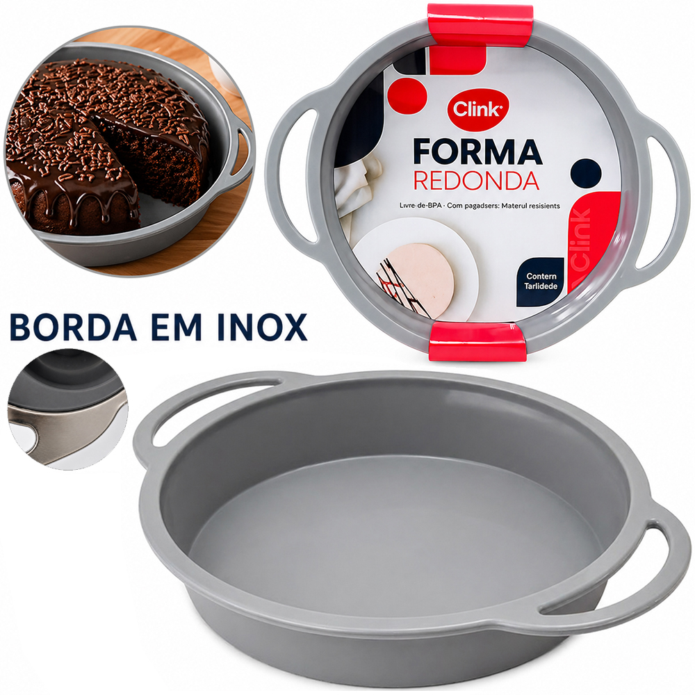 FORMA DE SILICONE REDONDA PARA BOLO / TORTA COM BORDA DE INOX 4,5X30,5X25CM DE Ø
