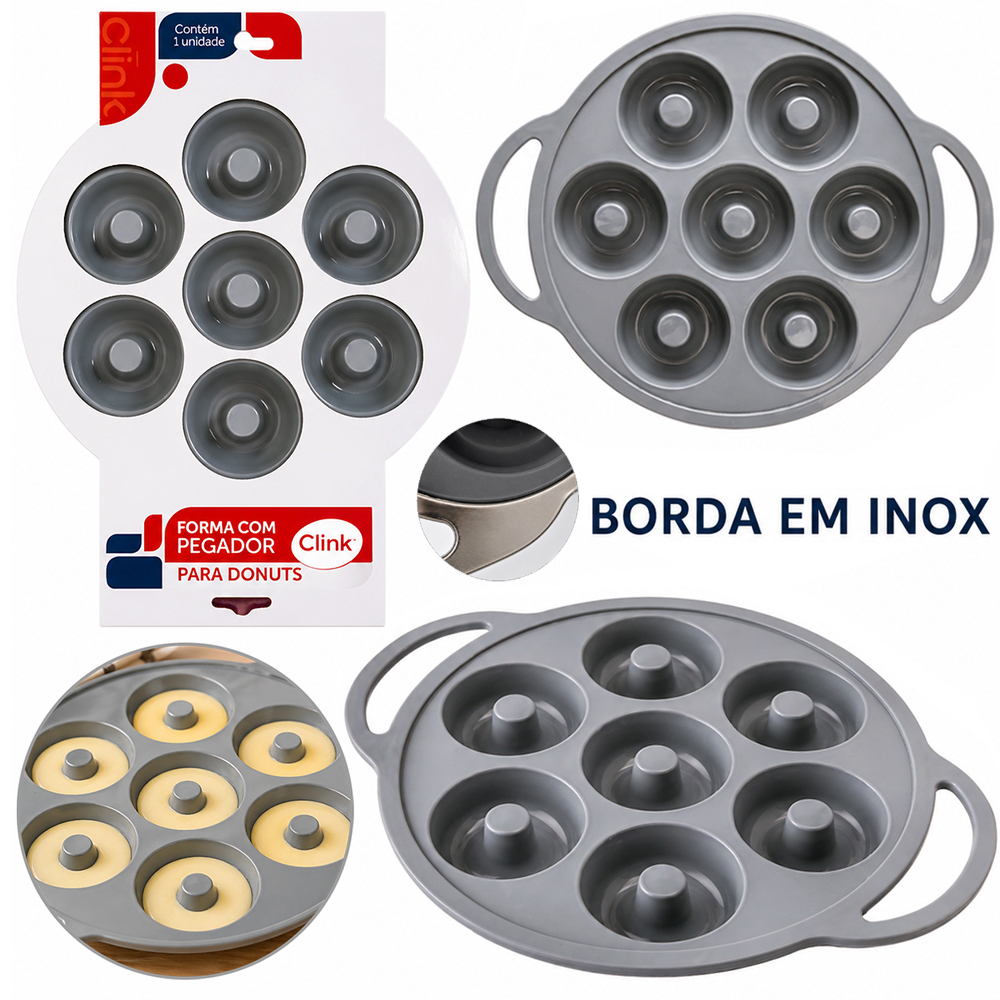 FORMA DE SILICONE REDONDA PARA DONUTS COM 7 CAVIDADES + BORDA DE INOX 2X30,5X24,5CM DE Ø