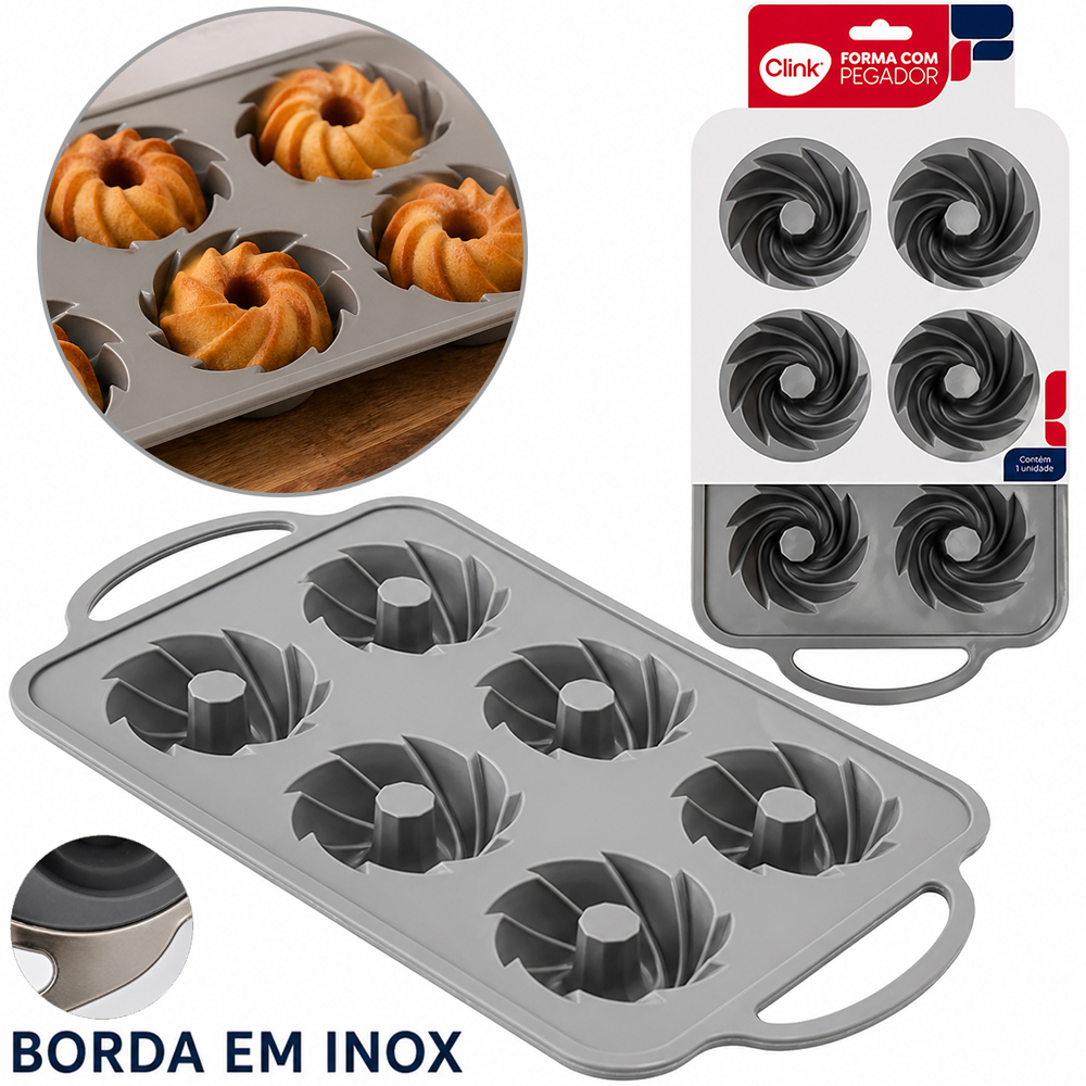 FORMA DE SILICONE RETANGULAR PARA CUPCAKE COM 6 CAVIDADES + BORDA DE INOX 32,5X18,5X3CM