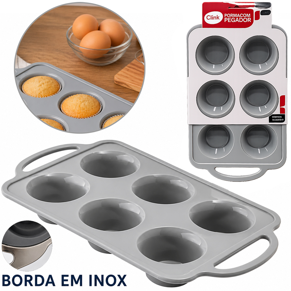 FORMA DE SILICONE RETANGULAR PARA CUPCAKE COM 6 CAVIDADES + BORDA DE INOX 32,5X18,5X3,8CM