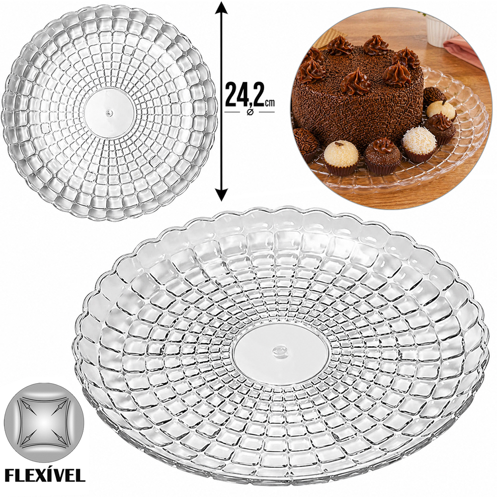 BANDEJA PRATO DE PLASTICO PET FLEXIVEL REDONDA PARA BOLO / DOCES M 2,5X24,2CM DE Ø