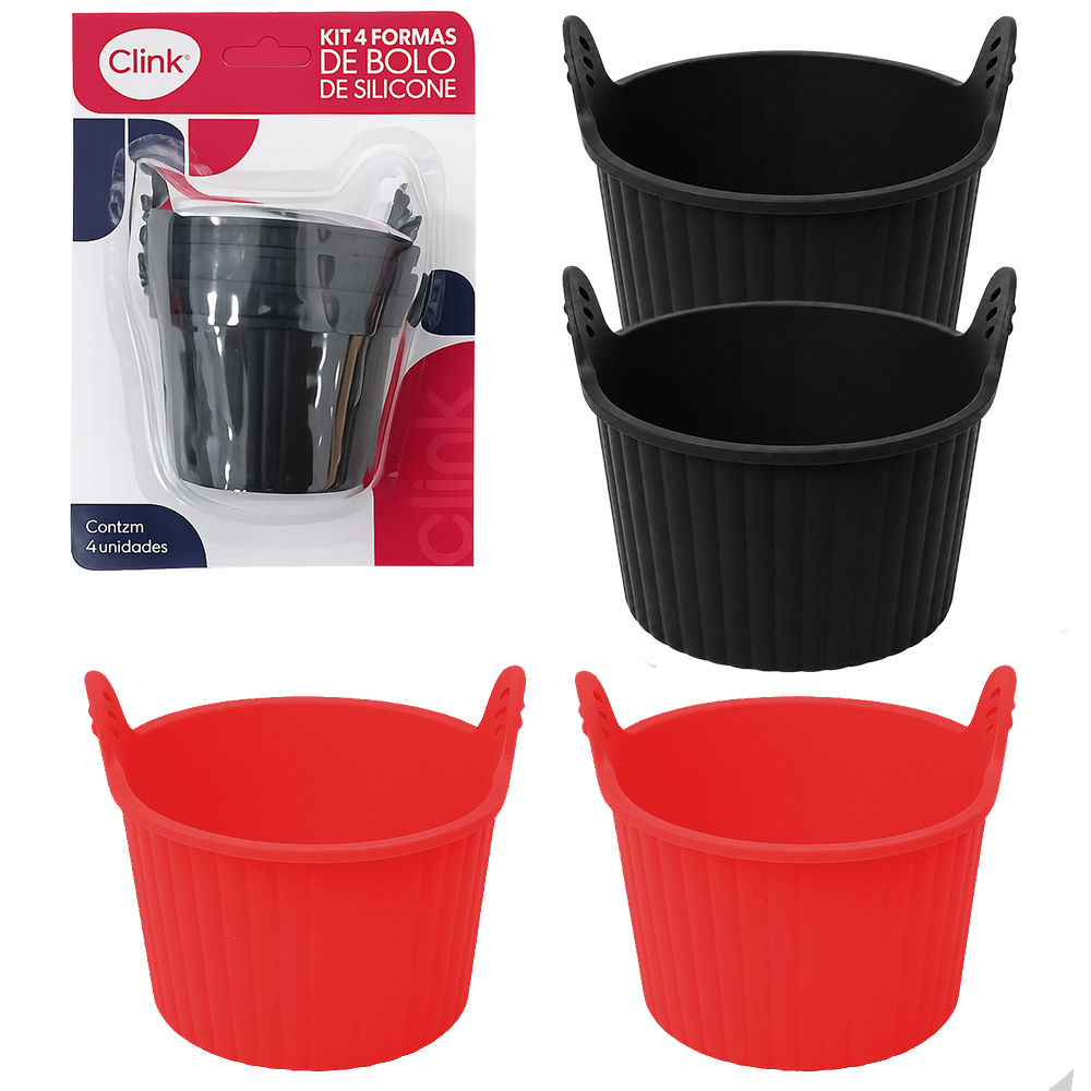 FORMA DE SILICONE REDONDA COM ALCA PARA BOLO / CUPCAKE VERMELHO E PRETO COM 4 PECAS 7X9X8CM DE Ø