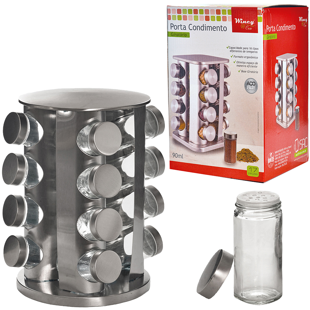 PORTA CONDIMENTO DE VIDRO / INOX COM 16 PECAS 90ML + SUPORTE GIRATORIO REDONDO