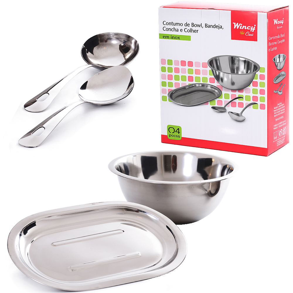 CONJUNTO DE INOX COM TIGELA SALADEIRA REDONDA BOWL + BANDEJA TRAVESSA OVAL + CONCHA E COLHER 