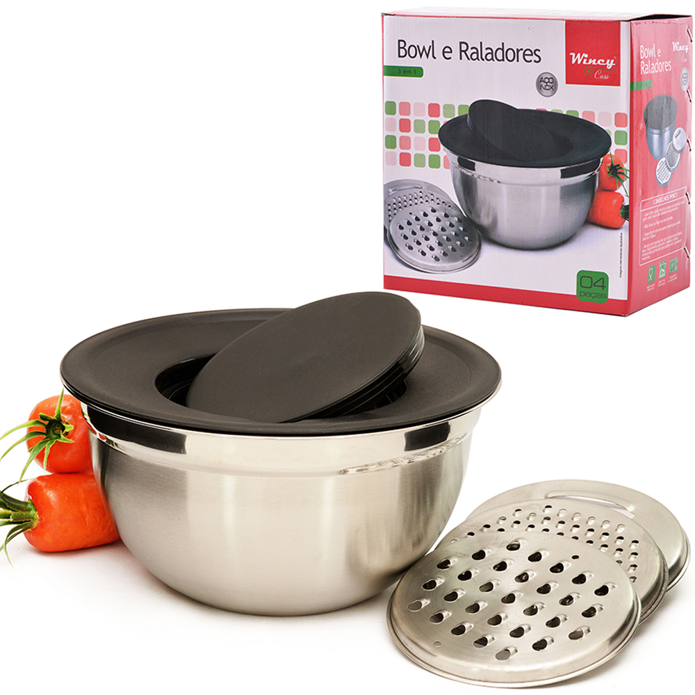 TIGELA SALADEIRA DE INOX REDONDA BOWL FUNDA COM 3 RALADORES + TAMPA DE PLASTICO