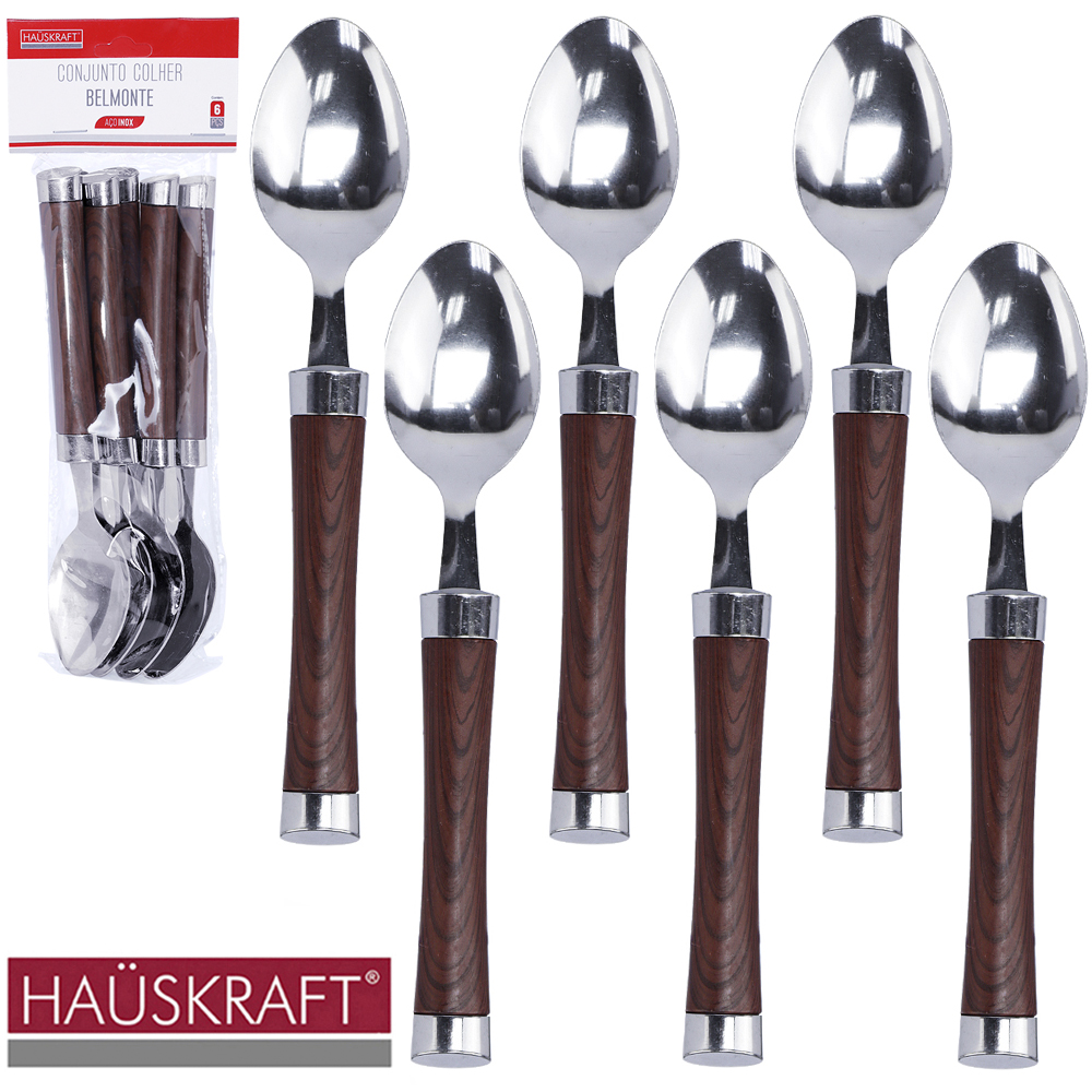  COLHER DE MESA DE INOX CABO PLASTICO TIPO MADEIRA BELMONTE HAUSKRAFT COM 6 PECAS 19CM
