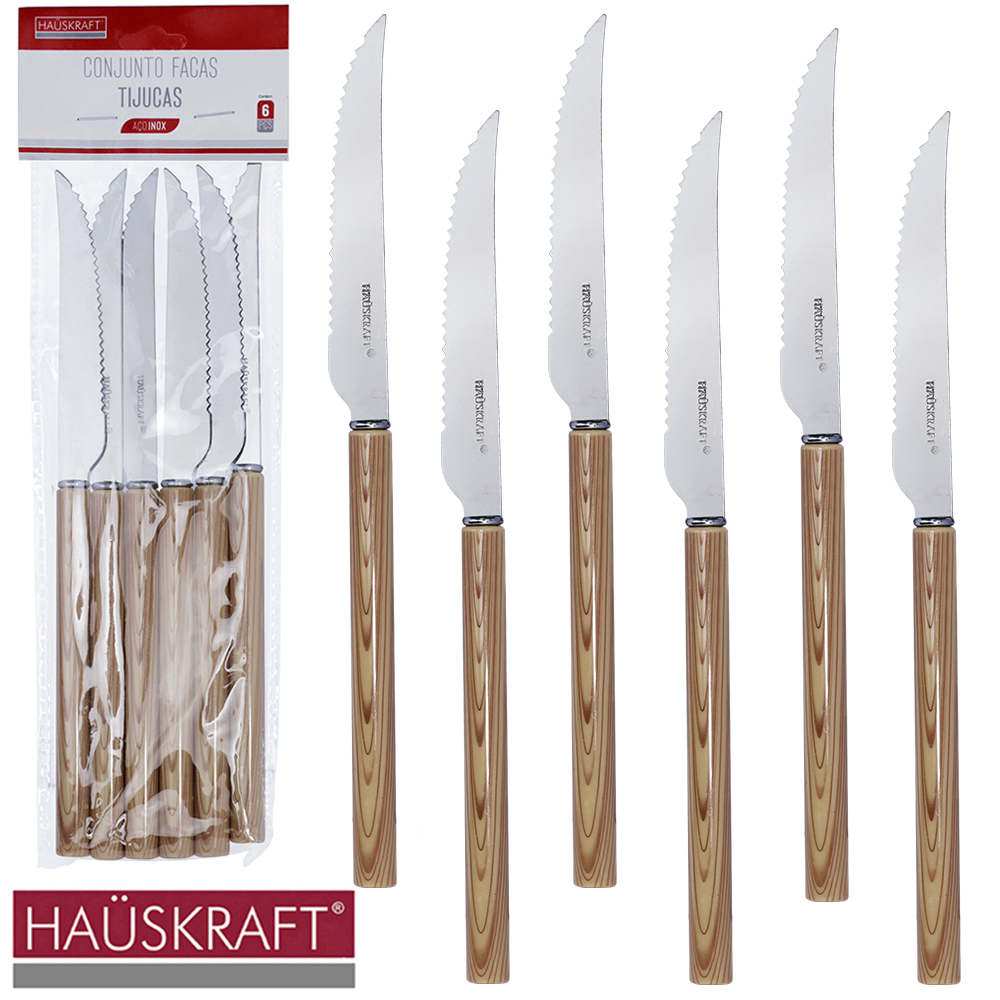 FACA DE MESA DE INOX CABO PLASTICO TIPO MADEIRA TIJUCAS HAUSKRAFT COM 6 PECAS 22CM