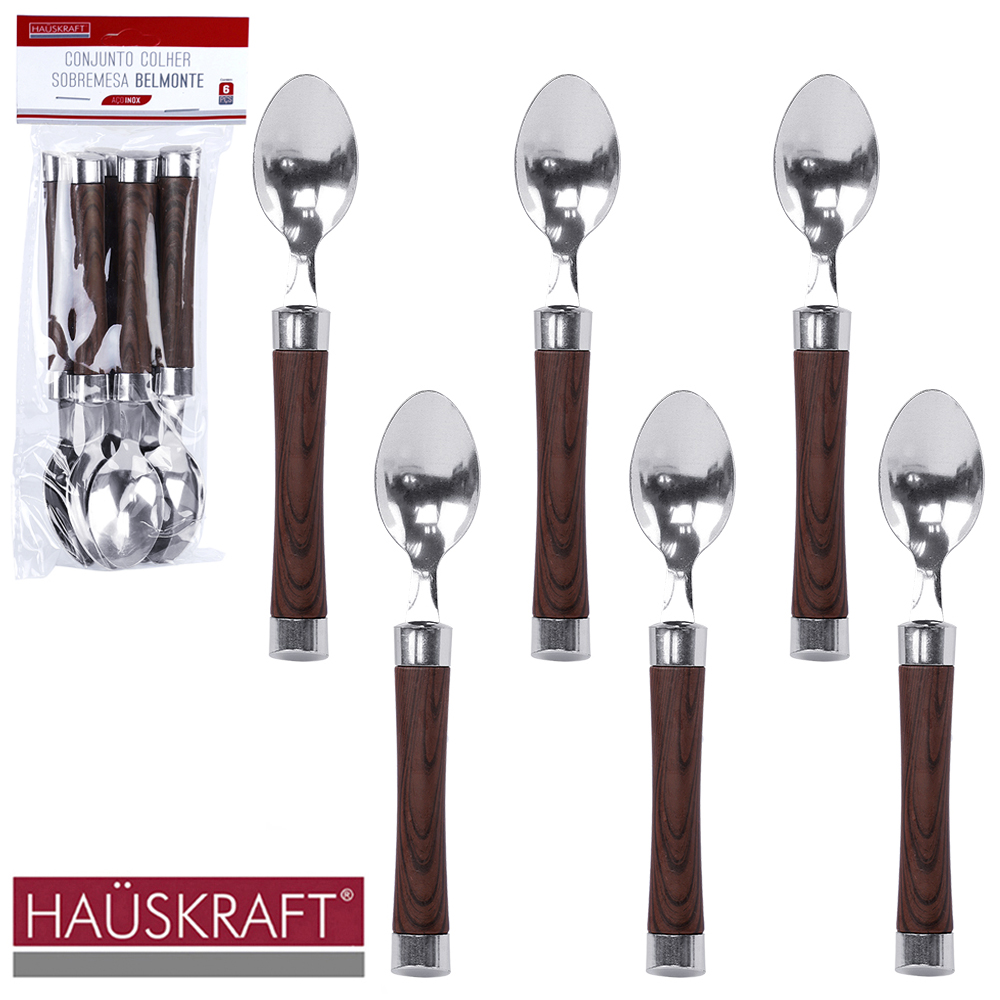  COLHER DE SOBREMESA DE INOX CABO PLASTICO TIPO MADEIRA BELMONTE HAUSKRAFT COM 6 PECAS 15CM