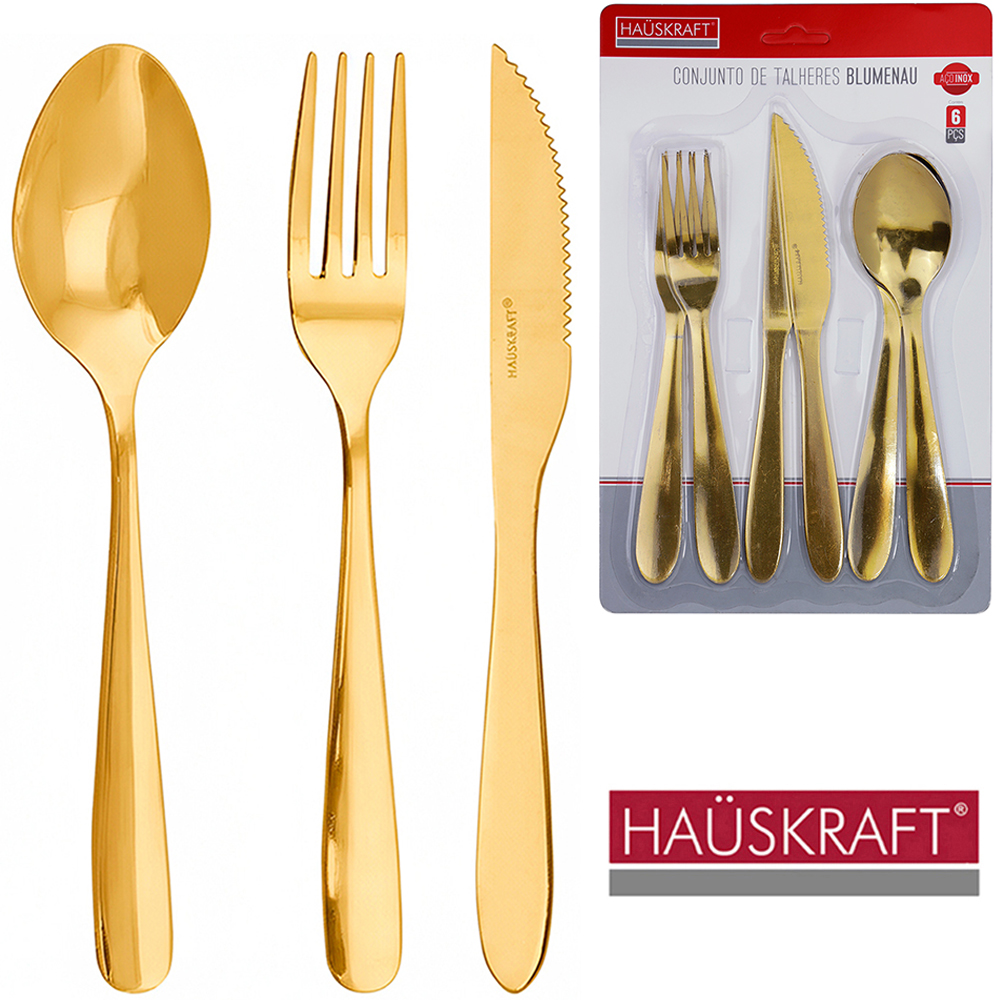 CONJUNTO DE TALHER COM COLHER + GARFO E FACA DE INOX DOURADO BLUMENAU HAUSKRAFT 6 PECAS
