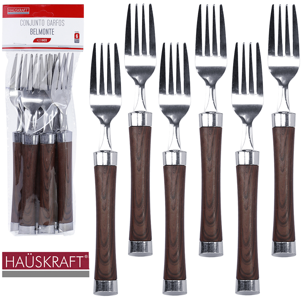  GARFO DE MESA DE INOX CABO PLASTICO TIPO MADEIRA BELMONTE HAUSKRAFT COM 6 PECAS 19CM