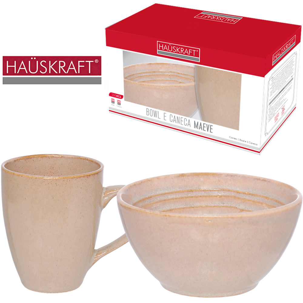 CANECA + TIGELA CUMBUCA BOWL DE PORCELANA MAEVE BEGE HAUSKRAFT 280/500ML 