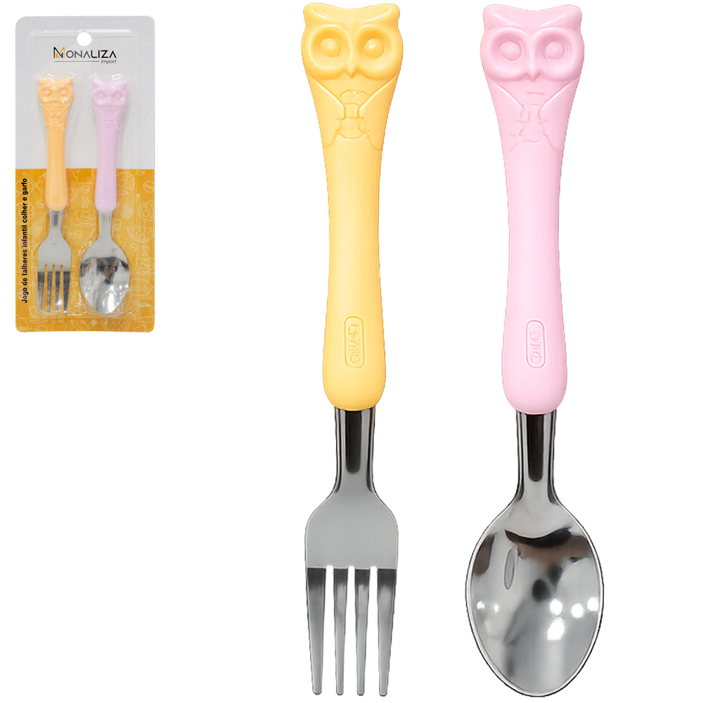 CONJUNTO DE TALHER INFANTIL COM COLHER + GARFO DE INOX CABO PLASTICO CORUJA