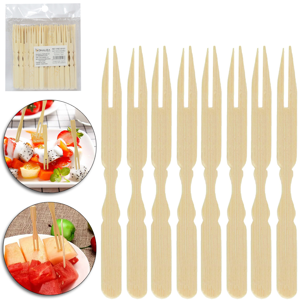 GARFO / GARFINHO DE BAMBU PARA FRUTAS E PETISCOS COM 100 PECAS 10CM
