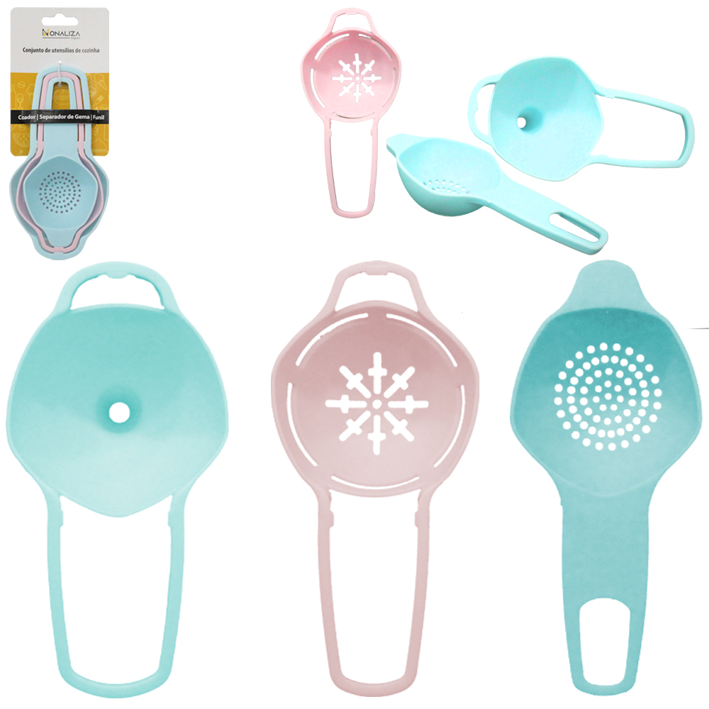 CONJUNTO DE UTENSILIOS DE COZINHA COM FUNIL + SEPARADOR DE GEMA E COADOR