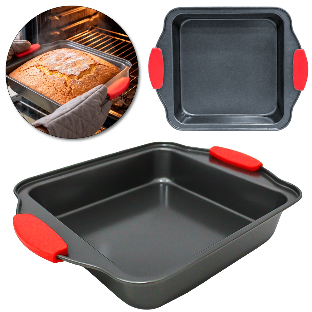 FORMA ASSADEIRA DE ACO CARBONO ANTIADERENTE RETANGULAR COM PEGADOR DE SILICONE 28,5X22,3X5CM