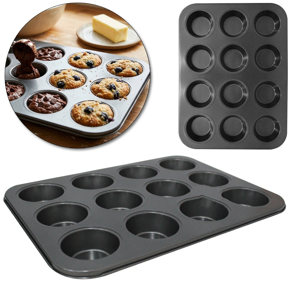 FORMA ASSADEIRA DE ACO CARBONO ANTIADERENTE PARA CUPCAKE COM 12 CAVIDADES 35X26X2,5CM