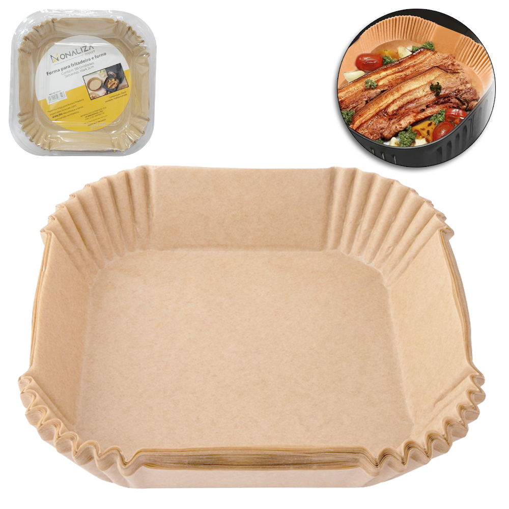 FORMA DE PAPEL QUADRADA DESCARTAVEL PARA AIR FRYER / FRITADEIRA ELETRICA 50 PECAS 16/20CM