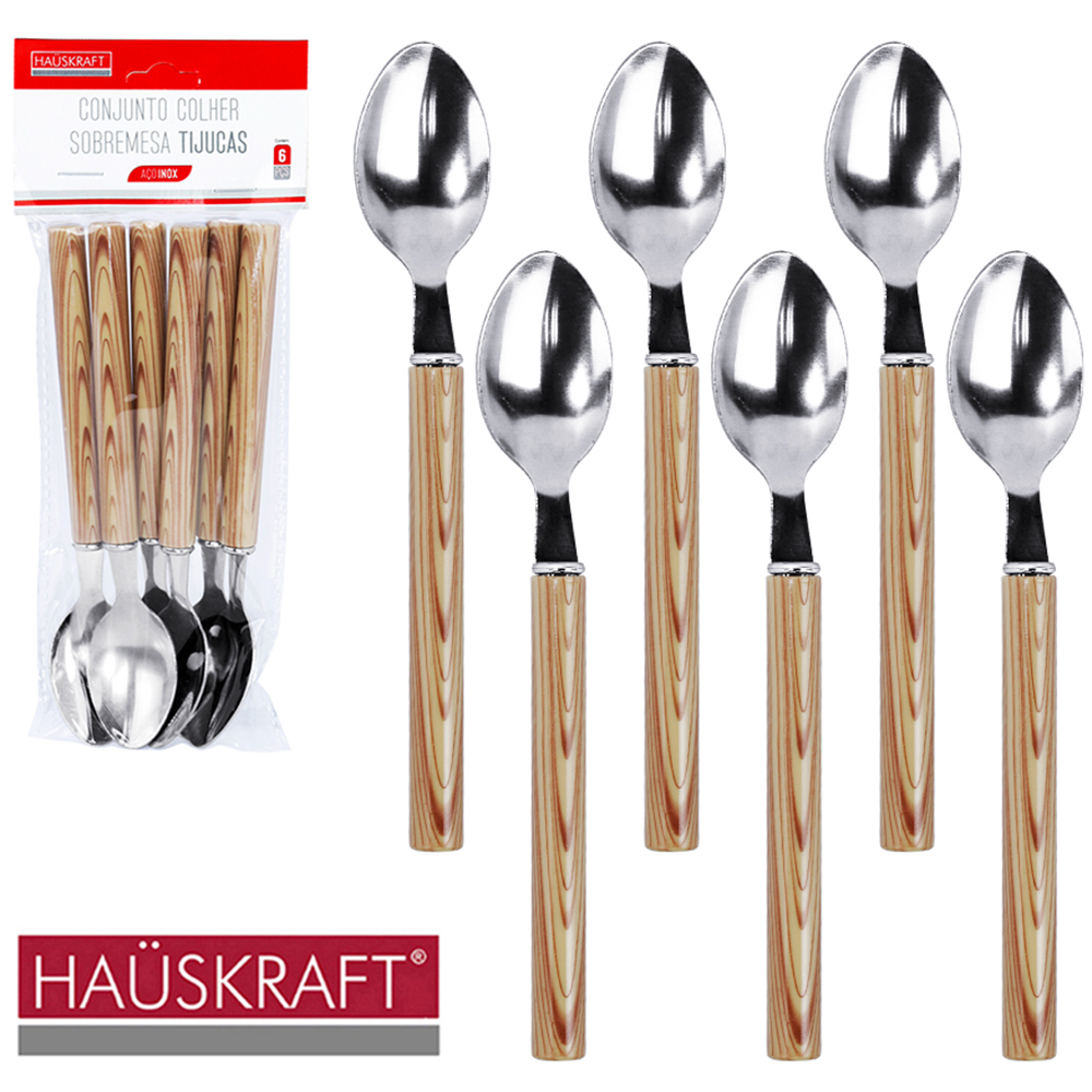 COLHER DE MESA DE INOX CABO PLASTICO TIPO MADEIRA TIJUCAS HAUSKRAFT COM 6 PECAS 15CM